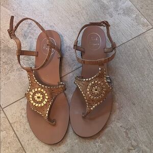 Jack Rogers Tan Sandals with T-Strap and Sunburst Embellishments